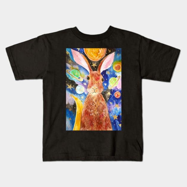 Hare among the Planets and the stars Kids T-Shirt by Casimirasquirkyart